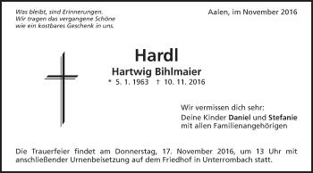 Traueranzeige von Hartwig Bihlmaier von Schwäbische Post