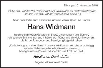 Traueranzeige von Hans Widmann von Schwäbische Post