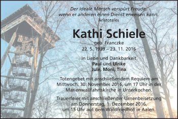 Traueranzeige von Kathi Schiel von Schwäbische Post