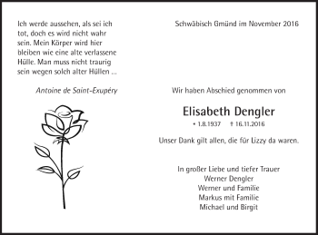 Traueranzeige von Elisabeth Dengler von Gmünder Tagespost