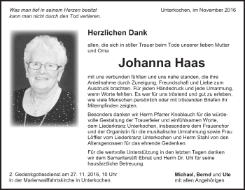 Traueranzeige von Johanna Haas von Schwäbische Post