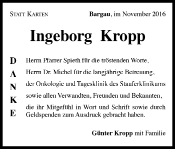 Traueranzeige von Ingeborg Kropp von Gmünder Tagespost