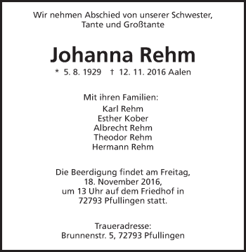 Traueranzeige von Johanna Rehm von Schwäbische Post