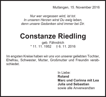 Traueranzeige von Constanze Riedling von Gmünder Tagespost