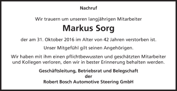 Traueranzeige von Markus Sorg von Gmünder Tagespost