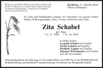Traueranzeige von Zita Schabel von Gmünder Tagespost