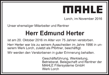 Traueranzeige von Edmund Herter von Gmünder Tagespost