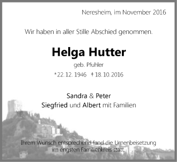 Traueranzeige von Helga Hutter von Schwäbische Post