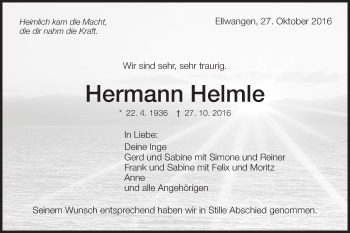 Traueranzeige von Hermann Helmle von Schwäbische Post