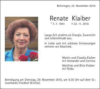 Traueranzeige von Renate Klaiber von Gmünder Tagespost