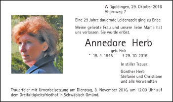 Traueranzeige von Annedore Herb von Gmünder Tagespost