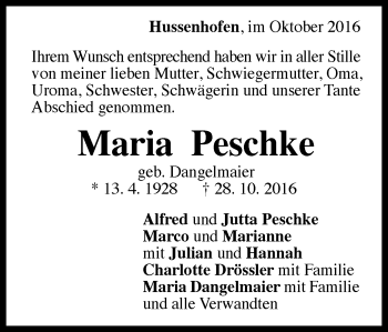 Traueranzeige von Maria Peschke von Gmünder Tagespost