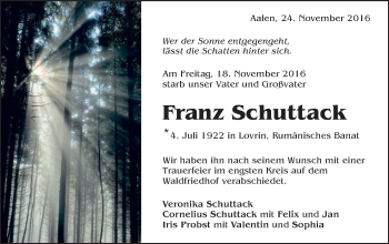 Traueranzeige von Franz Schuttack von Schwäbische Post