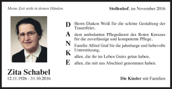 Traueranzeige von Zita Schabel von Gmünder Tagespost