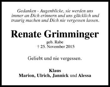 Traueranzeige von Renate Grimminger von Gmünder Tagespost
