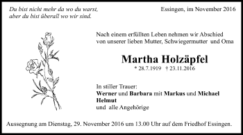 Traueranzeige von Martha Holzäpfel von Schwäbische Post