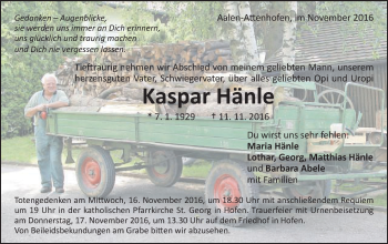 Traueranzeige von Kaspar Hänle von Schwäbische Post