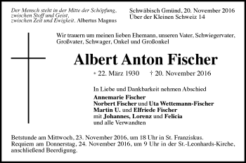 Traueranzeige von Albert Anton Fischer von Gmünder Tagespost