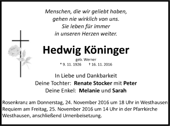 Traueranzeige von Hedwig Köninger von Schwäbische Post