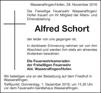Traueranzeige von Alfred Schort von Schwäbische Post