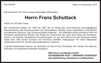 Traueranzeige von Franz Schuttack von Schwäbische Post