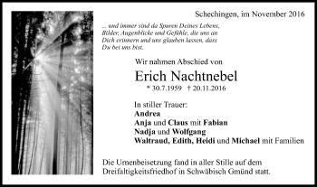 Traueranzeige von Erich Nachtnebel von Gmünder Tagespost