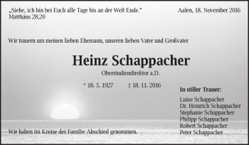 Traueranzeige von Heinz Schappacher von Schwäbische Post