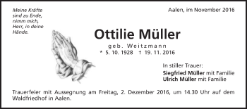 Traueranzeige von Ottilie Müller von Schwäbische Post