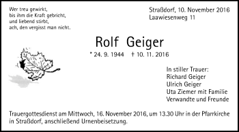 Traueranzeige von Rolf Geiger von Gmünder Tagespost