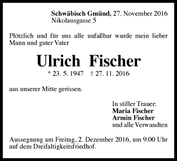 Traueranzeige von Ulrich Fischer von Gmünder Tagespost