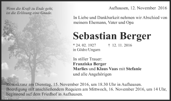 Traueranzeige von Sebastian Berger von Schwäbische Post