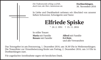 Traueranzeige von Elfriede Spiske von Schwäbische Post