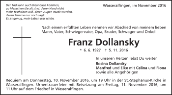 Traueranzeige von Franz Dollansky von Schwäbische Post