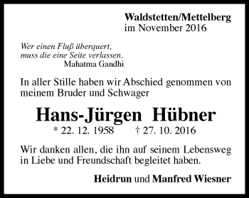 Traueranzeige von Hans-Jürgen Hübner von Gmünder Tagespost