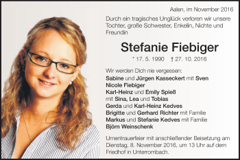 Traueranzeige von Stefanie Fiebiger von Schwäbische Post