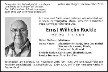 Traueranzeige von Ernst Wilhelm Rückle von Schwäbische Post