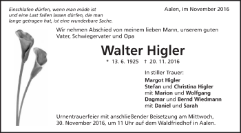 Traueranzeige von Walter Higler von Schwäbische Post