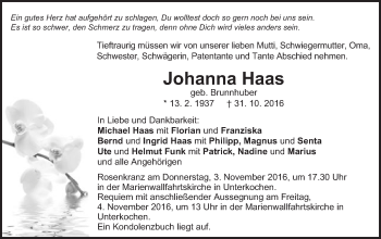 Traueranzeige von Johanna Haas von Schwäbische Post