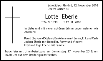 Traueranzeige von Lotte Eberle von Gmünder Tagespost