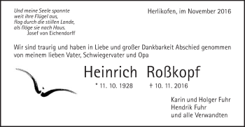 Traueranzeige von Heinrich Roßkopf von Gmünder Tagespost