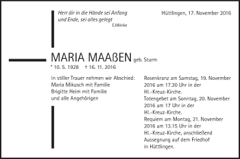 Traueranzeige von Maria Maaßen von Schwäbische Post