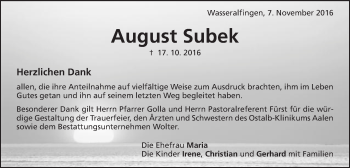Traueranzeige von August Subek von Schwäbische Post