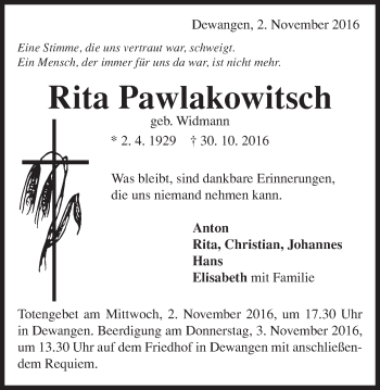 Traueranzeige von Rita Pawlakowitsch von Schwäbische Post