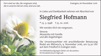 Traueranzeige von Siegfried Hofmann von Schwäbische Post