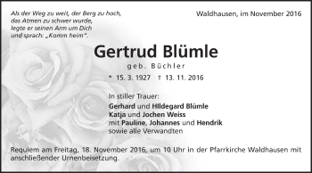 Traueranzeige von Gertrud Blümle von Schwäbische Post