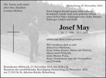 Traueranzeige von Josef May von Schwäbische Post
