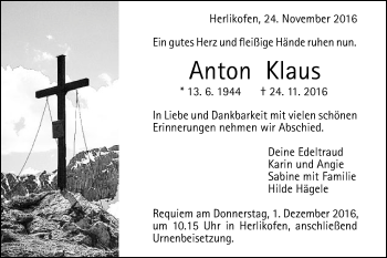Traueranzeige von Anton Klaus von Gmünder Tagespost