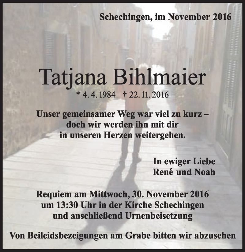  Traueranzeige für Tatjana Bihlmaier vom 25.11.2016 aus Gmünder Tagespost