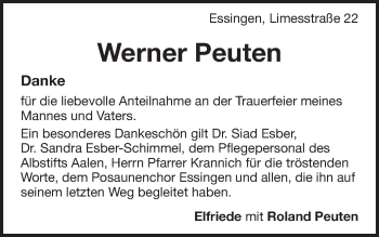 Traueranzeige von Werner Peuten von Schwäbische Post