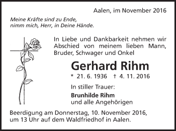Traueranzeige von Gerhard Rihm von Schwäbische Post